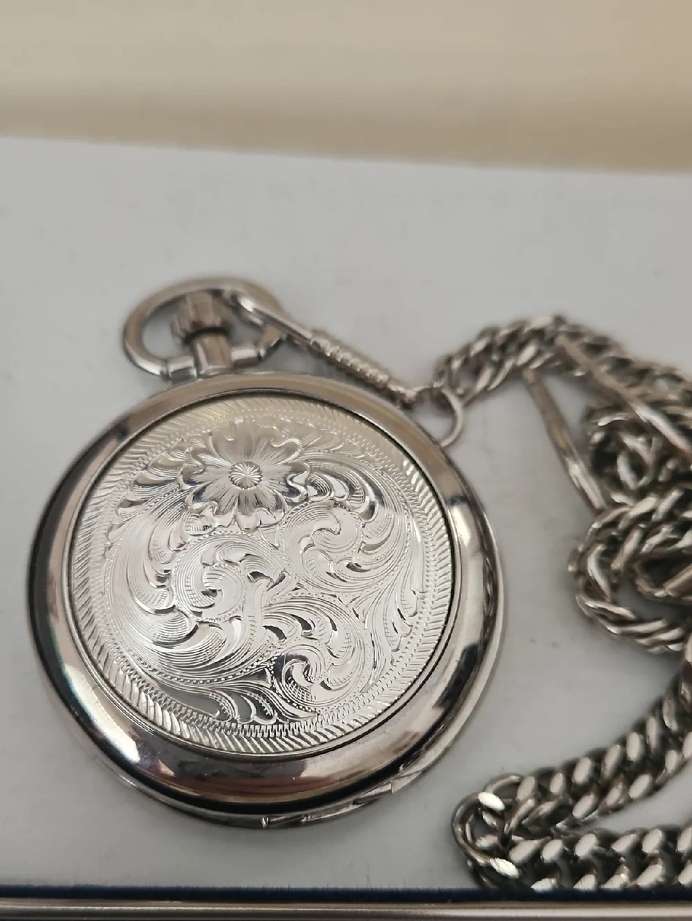 Montana Silversmiths Flower Engraved Silver-Tone Pocket Watch with Chain